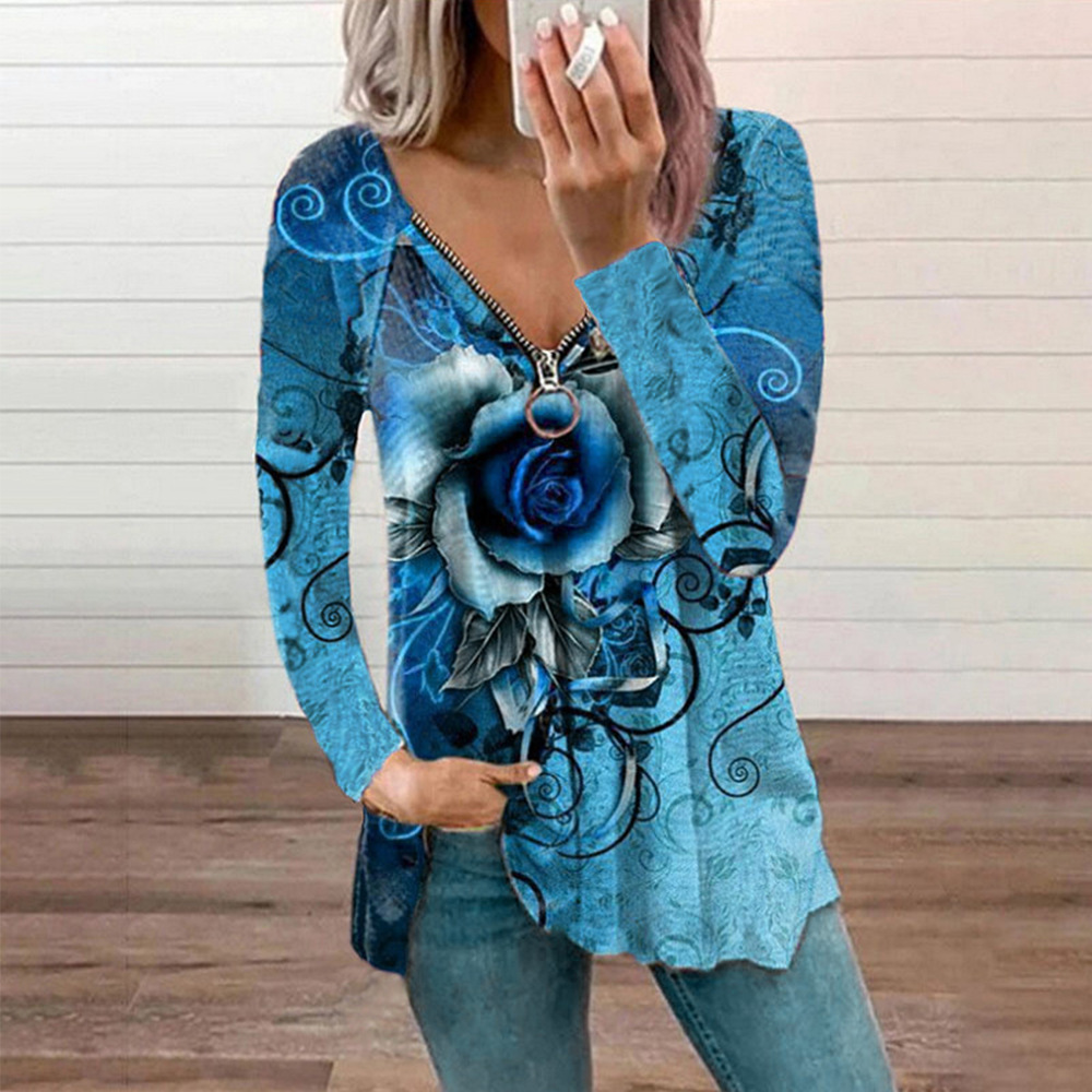 Title 2, Fashion Print V-Neck Long Sleeve Zip Casual Loo...