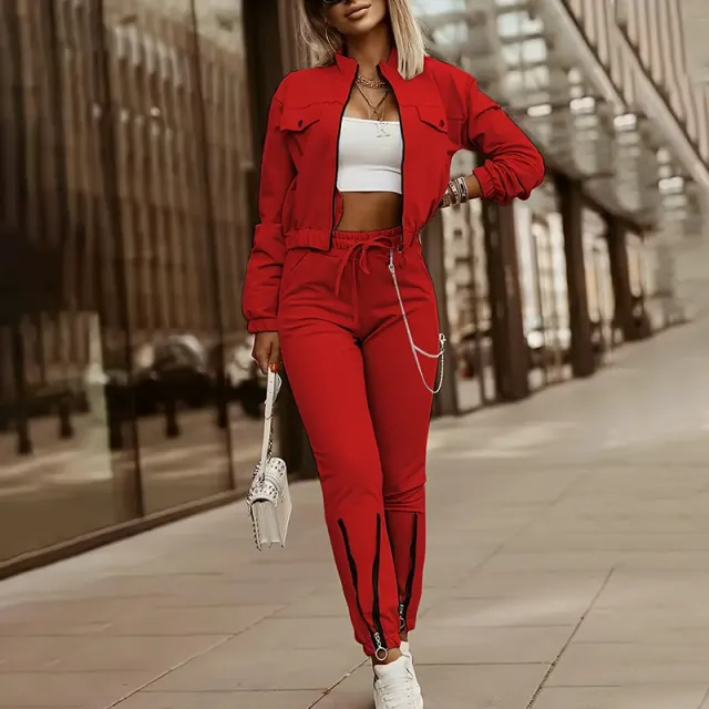 Women's Two Piece Set Cropped Long Sleeve Top With Drawstring Pocket Pants Casual Outfit Zipper Detail Tracksuit Red - Shop at LoveMi