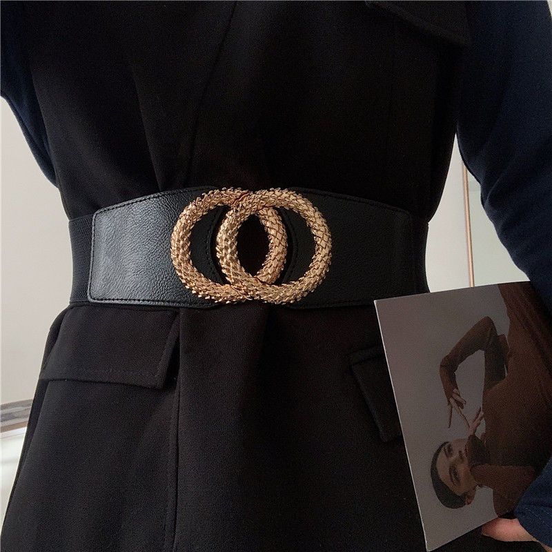 Title 1, New Black Double Ring Fashion Elastic Belt Gold...