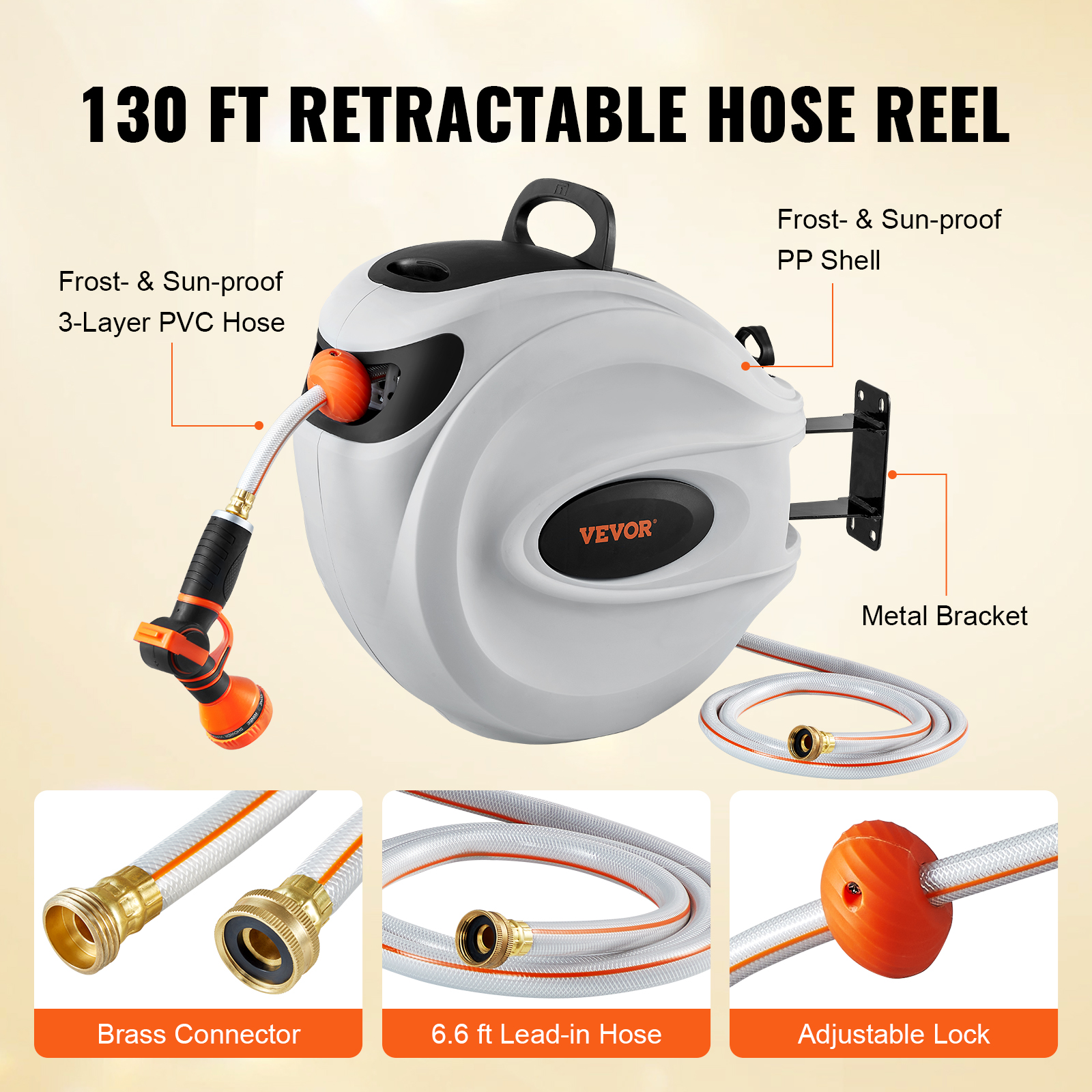 VEVOR Retractable Hose Reel Water Hose Reel 130inch Swivel Wall-Mounted image 3