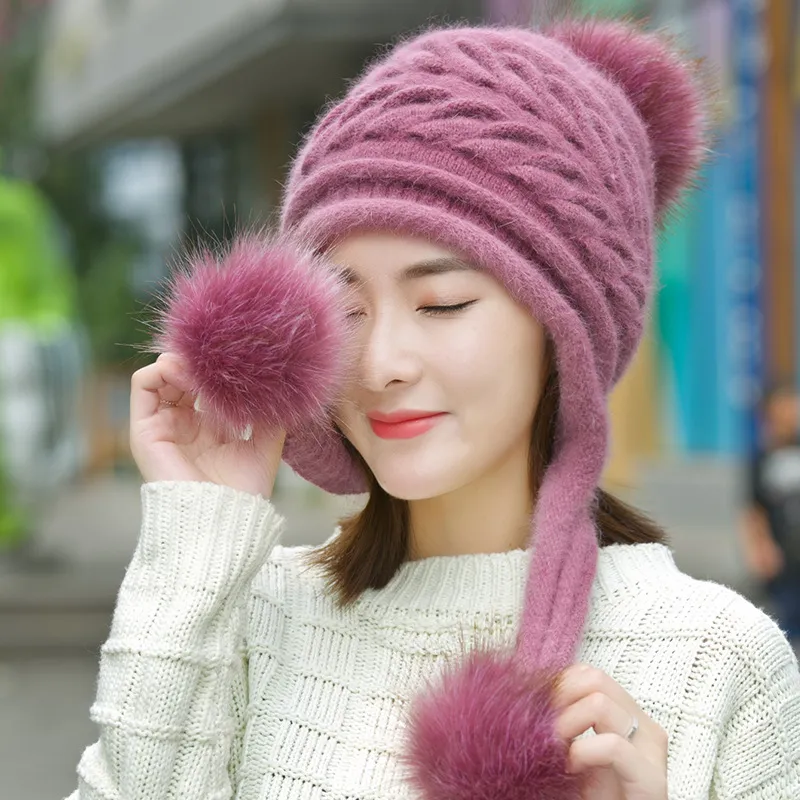 Ladies Rabbit Fur Knitted Pullover Hat To Keep Warm - Pink