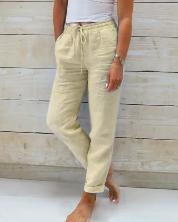 Elastic Waist Solid Cotton Hemp Pants Khaki - Shop at LoveMi