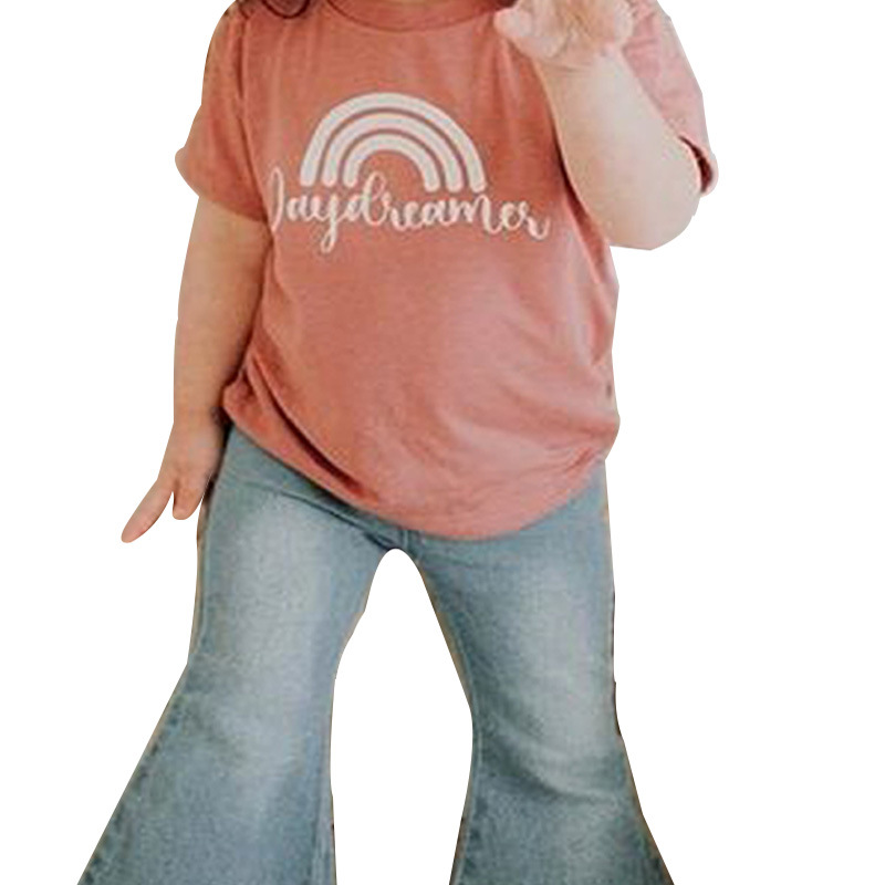 Rainbow Print T-shirt With Round Collar And Washed Jeans
