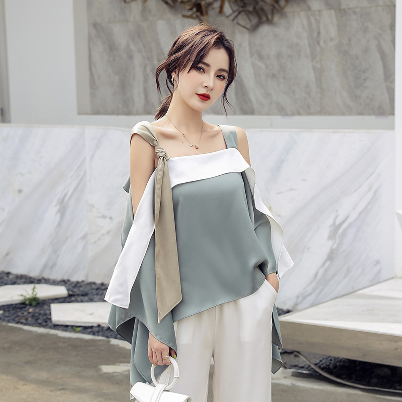 Women's Contrast Color Off-shoulder Sling Irregular Loose And Thin Silky One-shoulder Top