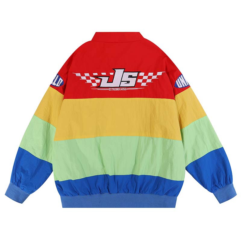 Men's Loose Casual Letter Embroidered Colorblock Lapel Jacket