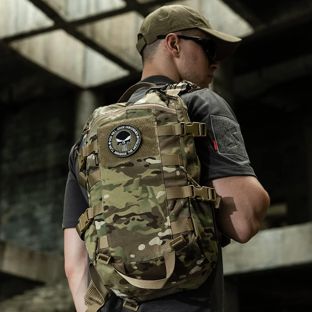 Tactical military hiking backpack pack made from high-strength, water-repellant 500D nylon. Features external front and side web molle, adjustable and detachable shoulder strap, and 20L capacity with multiple compartments. Ideal for outdoor activities suc