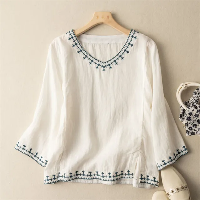Seven part Sleeve Embroidered Cotton Linen Top White - Shop at LoveMi