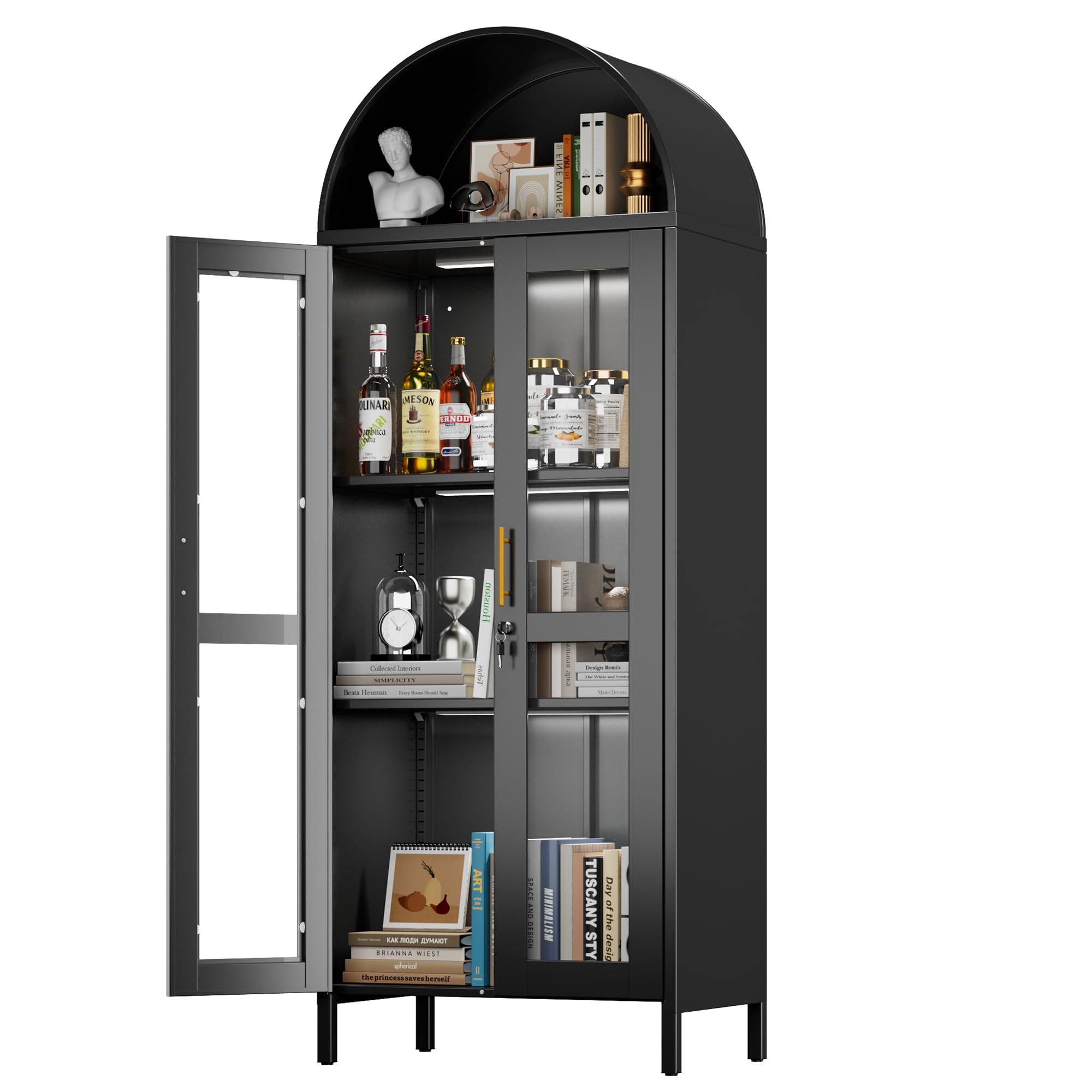 72.83inch H Metal Arched Cabinet With Glass Door,Arched Display Cabinet With LED Strip,Lockable Door And 2 Adjustable Shelves For Home Office,Assembly Required, Black