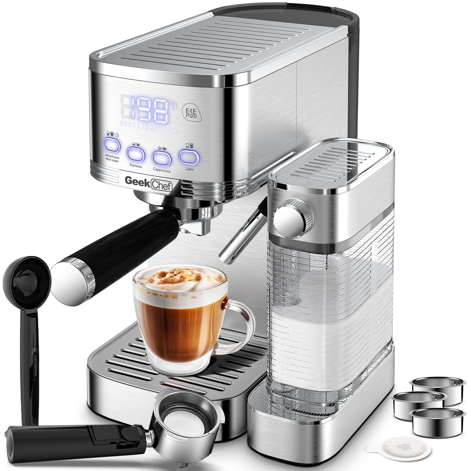 Geek Chef Espresso And Cappuccino Machine With Automatic Milk Frother, 20Bar Espresso Maker For Home, For Cappuccino Or Latte, with ESE POD Filter, Stainless Steel, Gift For Coffee Lover Ban On Amazon