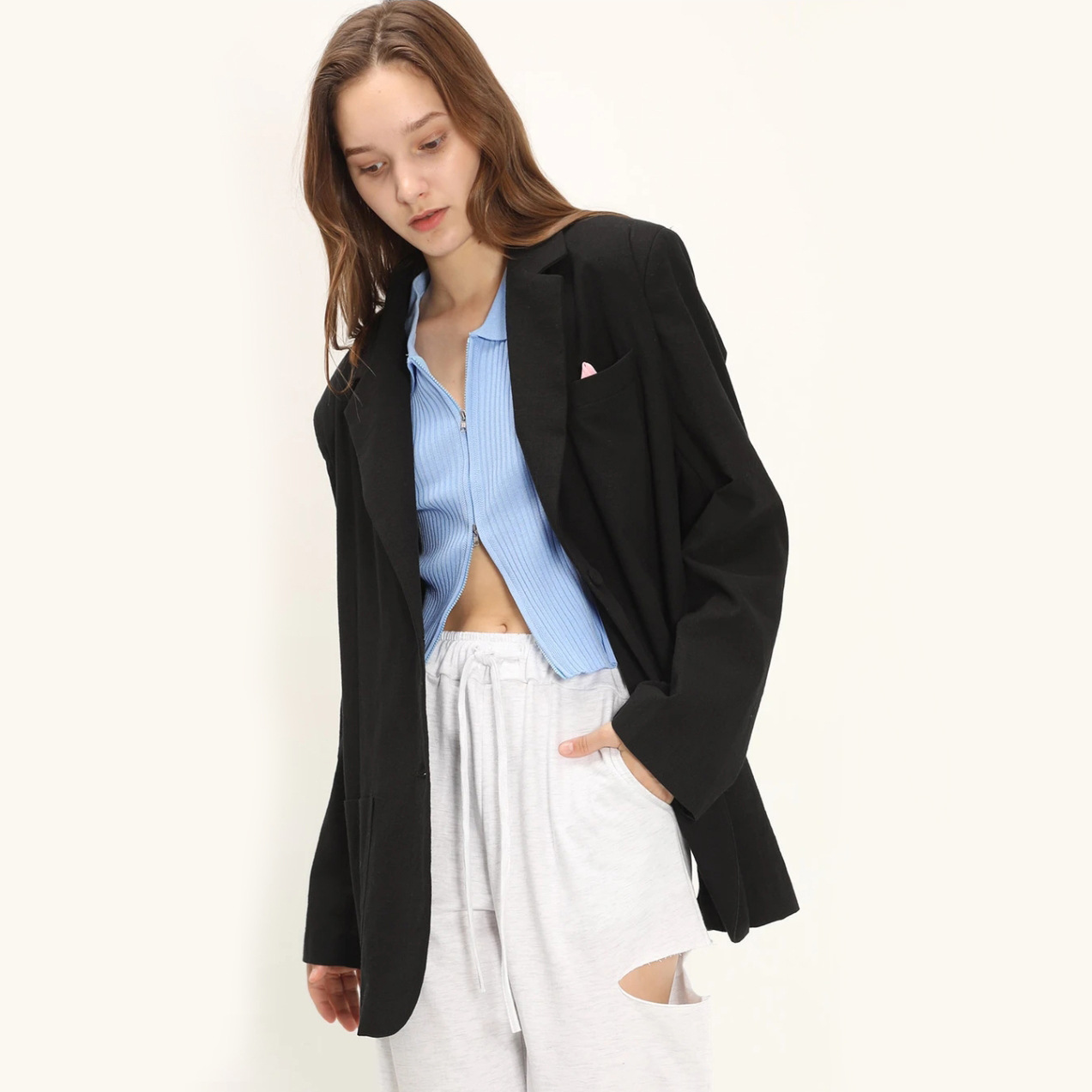 Women's Loose Bag Buckle Shoulder Pad Jacket All match Fashionable Casual Suit Black - Shop at LoveMi