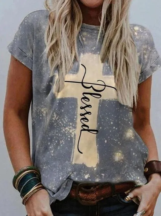 New Loose Round Neck Short Sleeve Cross Print T Shirt Grey Blue - Shop at LoveMi