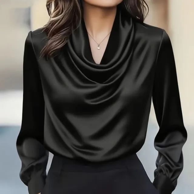 Women's Elegant Draped Neck Blouse, Solid Color Ruffle Detail Long Sleeve Shirt For Office And Formal Wear Black - Shop at LoveMi
