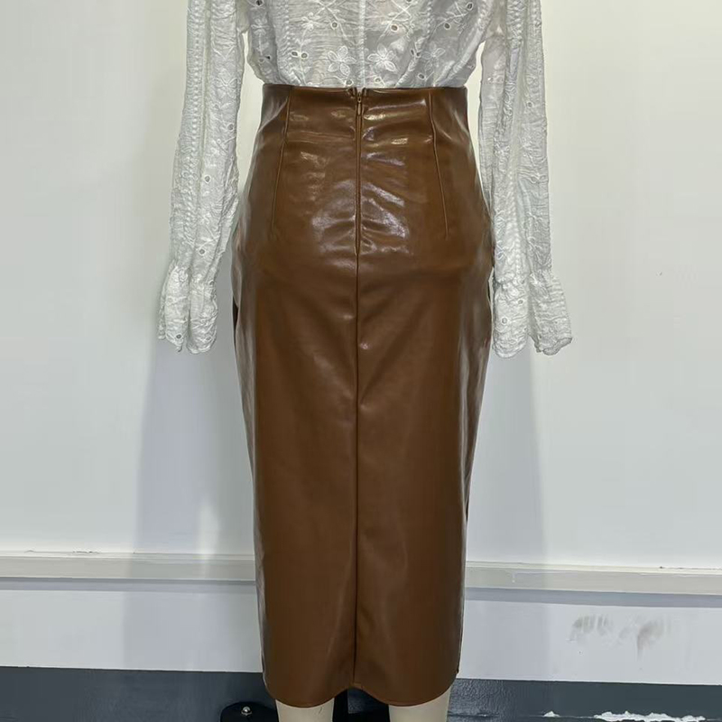 Women's Faux Leather Bodycon Skirt - High Waisted Slim Fit Midi Skirt With Front Slit & Button Decor