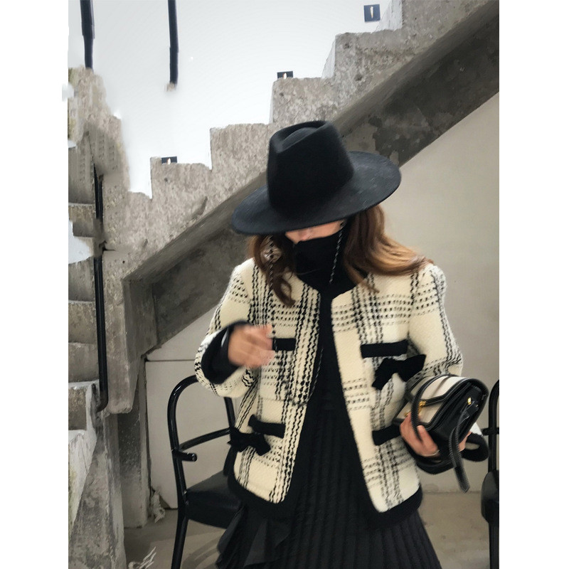 French Temperament Black Silk Contrast Color Bow Fragrant Woolen Woven Jacket Women's Waist