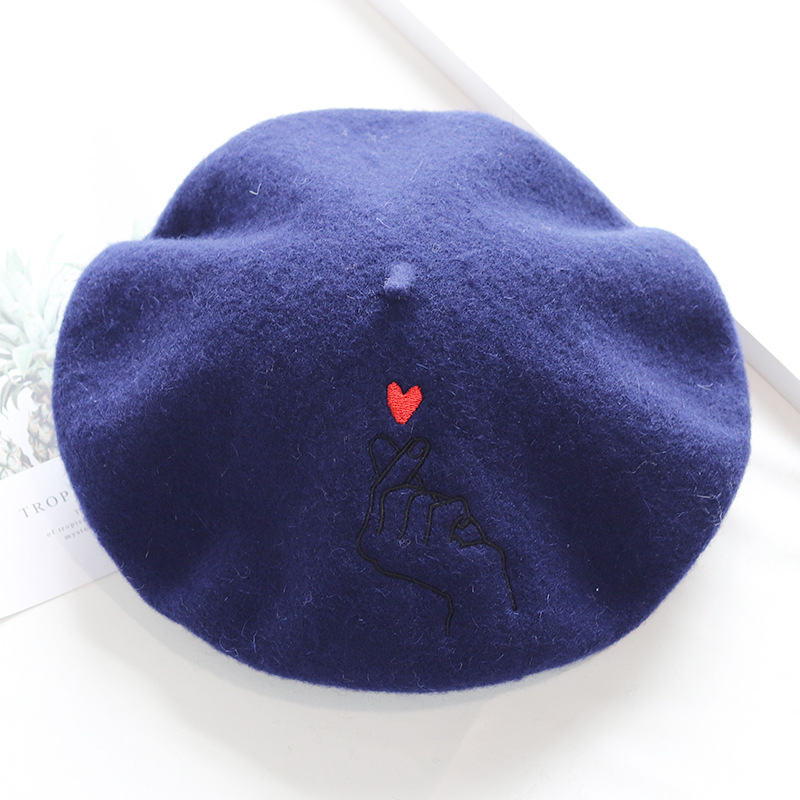 Stitched Ins Style Wool Knit Beret Women's Embroidered Hat