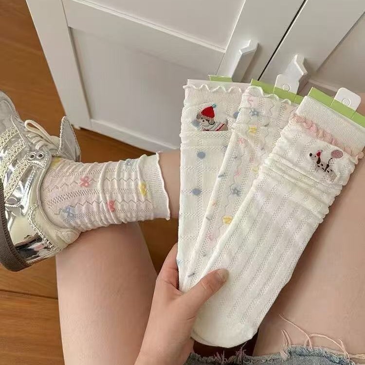 Coquette Ruffle Trim Crew Socks, Cute Cartoon & Pastel Print Mesh Knit Socks, Women's Sweet Casual Socks For Spring & Summer