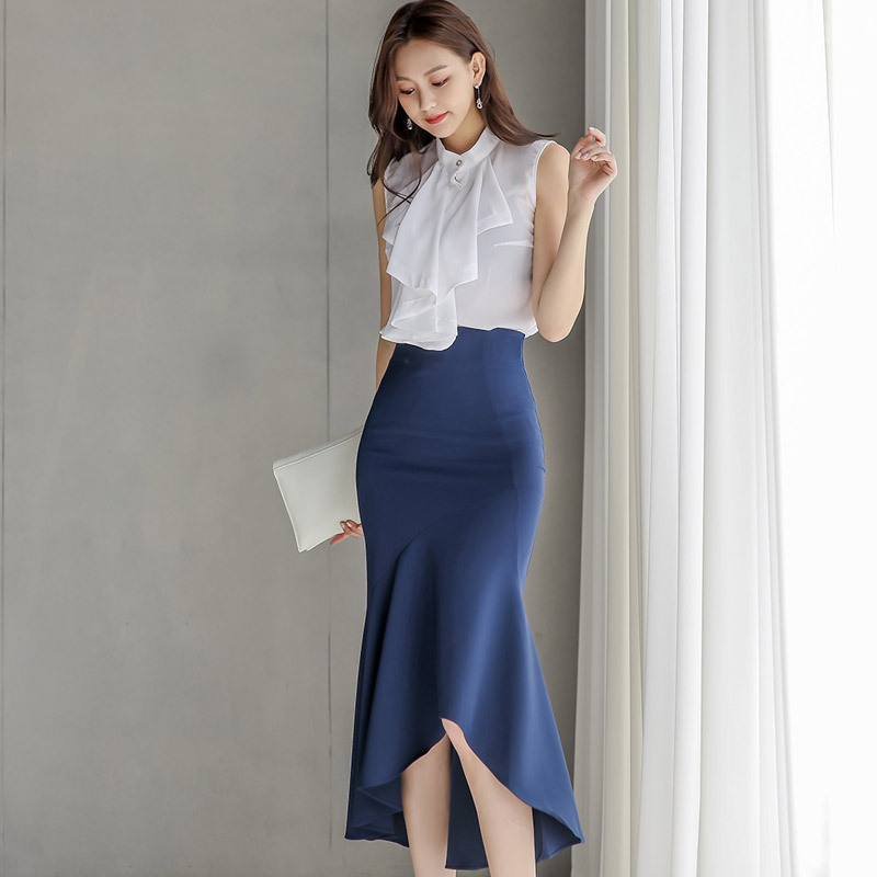 Women's Ruffled Shirt Top Package Hip Fishtail Skirt Suit