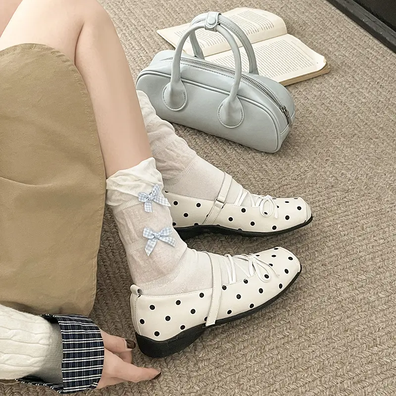 Women Bow Square Toe Polka Dot Platform Pumps, New Summer One-Strap Retro Versatile Mary Jane Shoes