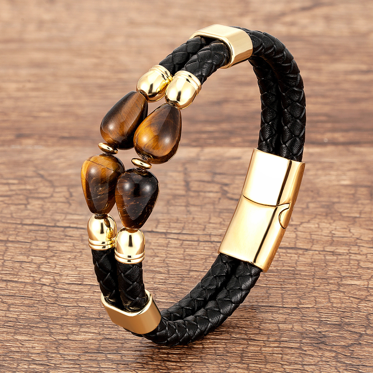 Braided Double Water Drop Stone Leather Cord Bracelet