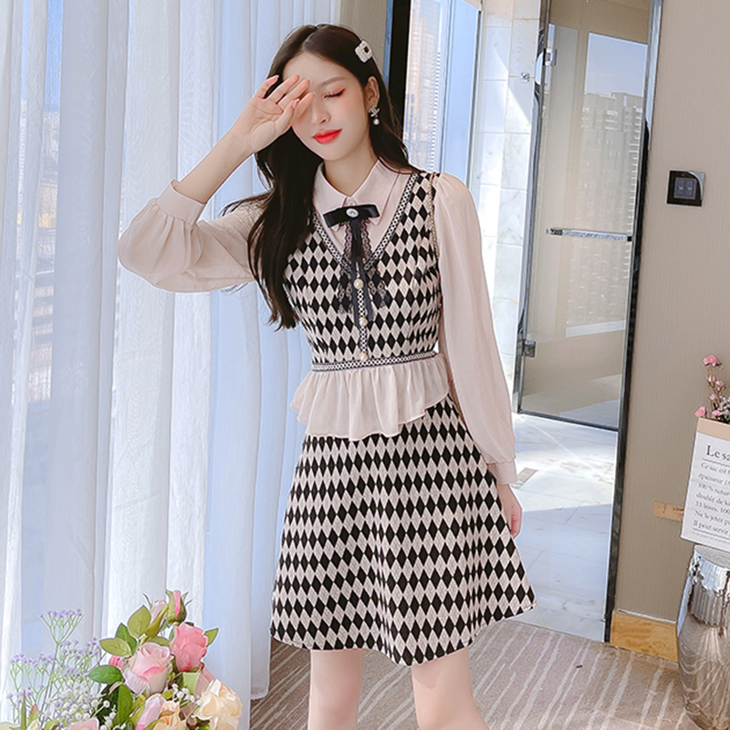 Bowknot Check Shirt Top And Woolen