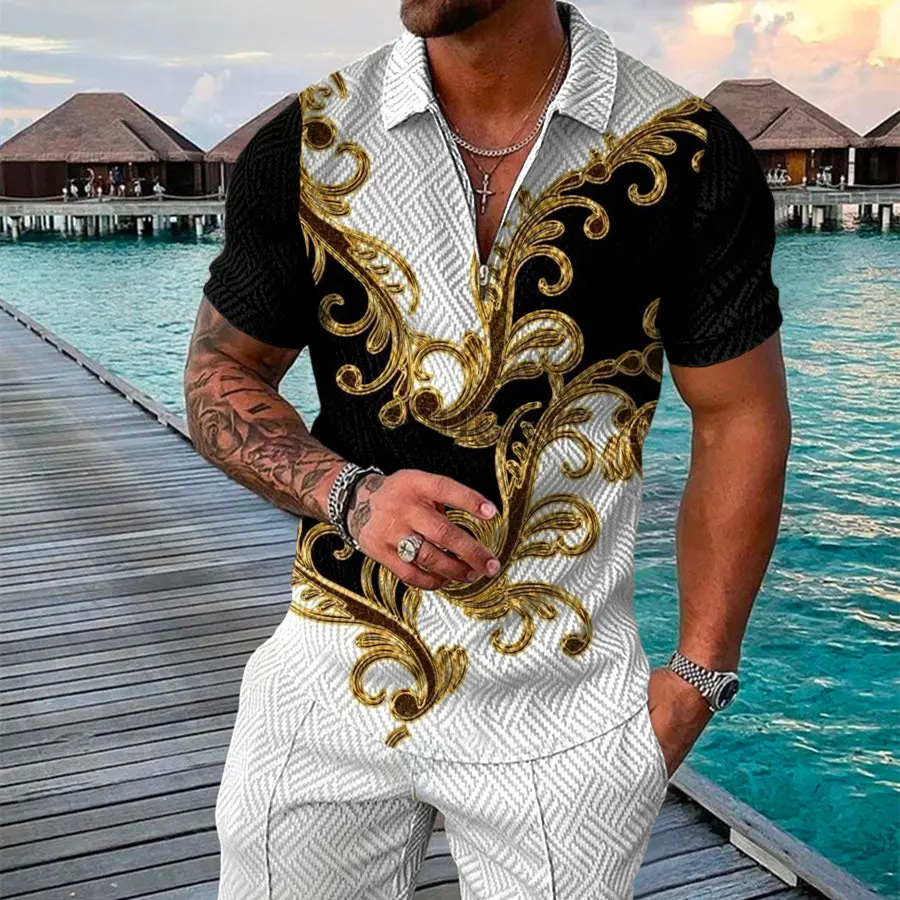 Men's Summer Fashion 3D Printed Short Sleeve Geometric Zip