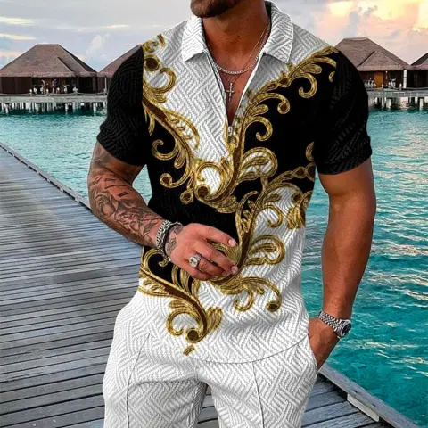 Men's Summer Fashion 3D Printed Short Sleeve Geometric Zip