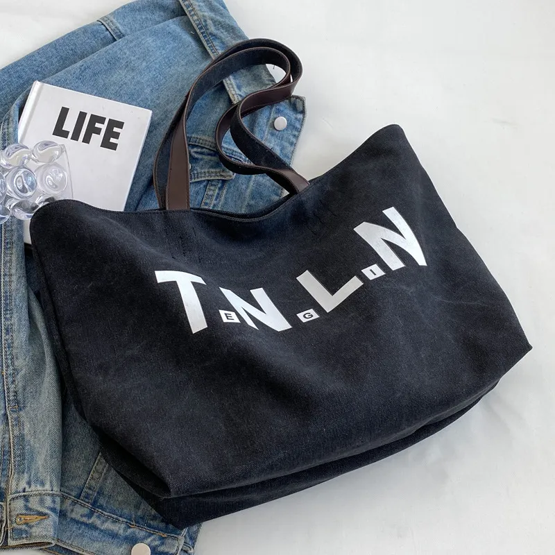 Letter Printed Totes Fashion Large Capacity Canvas Bags For Women All-match Handbag Commuting Shoulder Bag For College Students - Black
