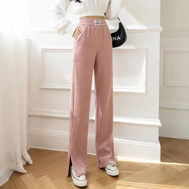 Drape High Waist Straight Slit Chenille Casual Trousers Pink - Shop at LoveMi