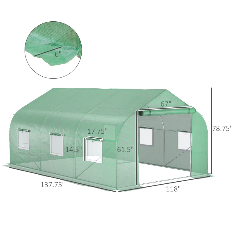 11.5' X 10' X 6.5' Outdoor Portable Walk-In Tunnel Greenhouse With Windows-Deep Green