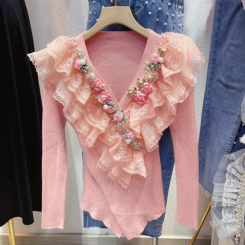 Women's Niche Beaded Three-dimensional Flower Knitted Sweater