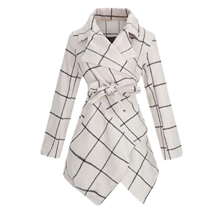 Mid-length lace-up check suit collar woolen coat