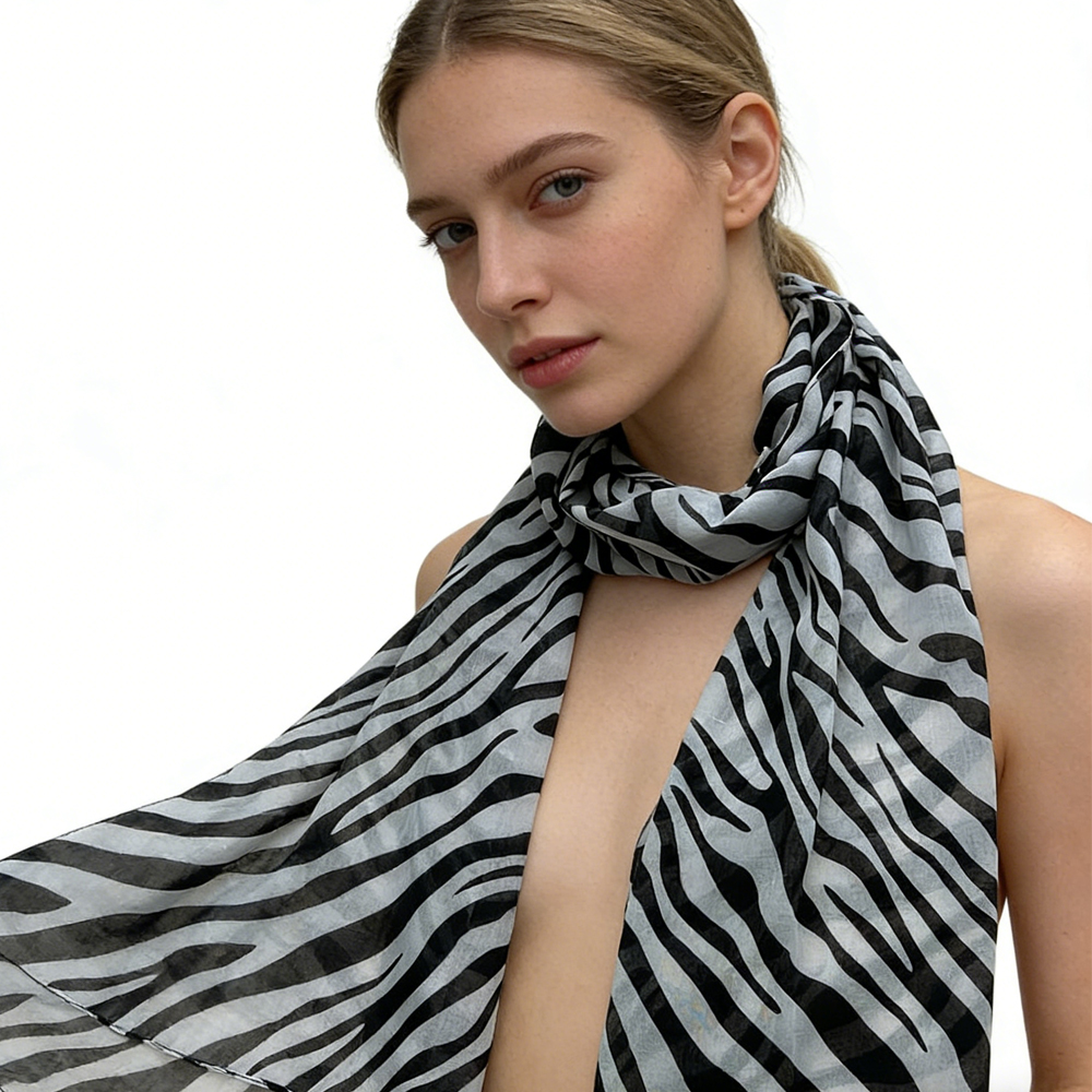 Lightweight Sheer Scarf ,Black White Monochrome Geometric Printed Modern Looks Scarf For Women And Men