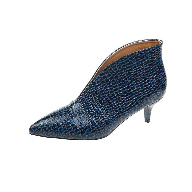 Pointed Toe Thin High Heel Lacquer Short Boots For Women Blue - Shop at LoveMi
