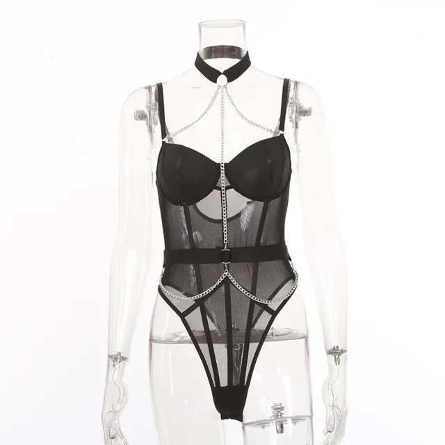 Metal Chain Collar Nightclub Uniform Bodysuit Black - Shop at LoveMi