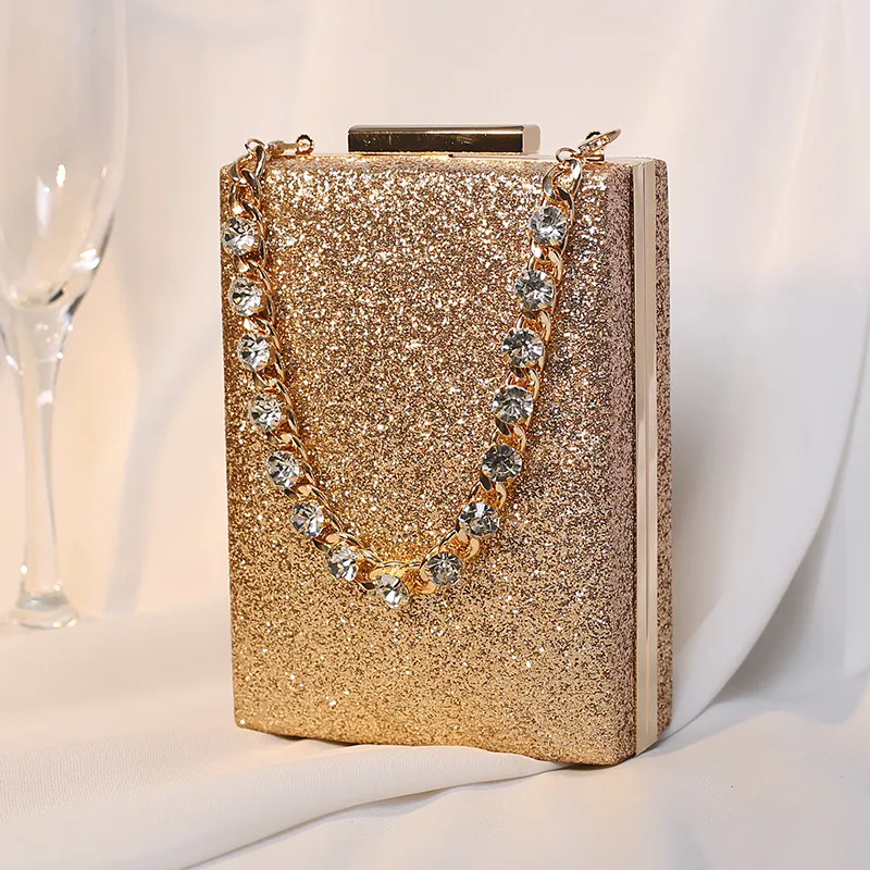 New Style Dinner Bag With Rhinestone Chain Portable Messenger Small Square - Gold