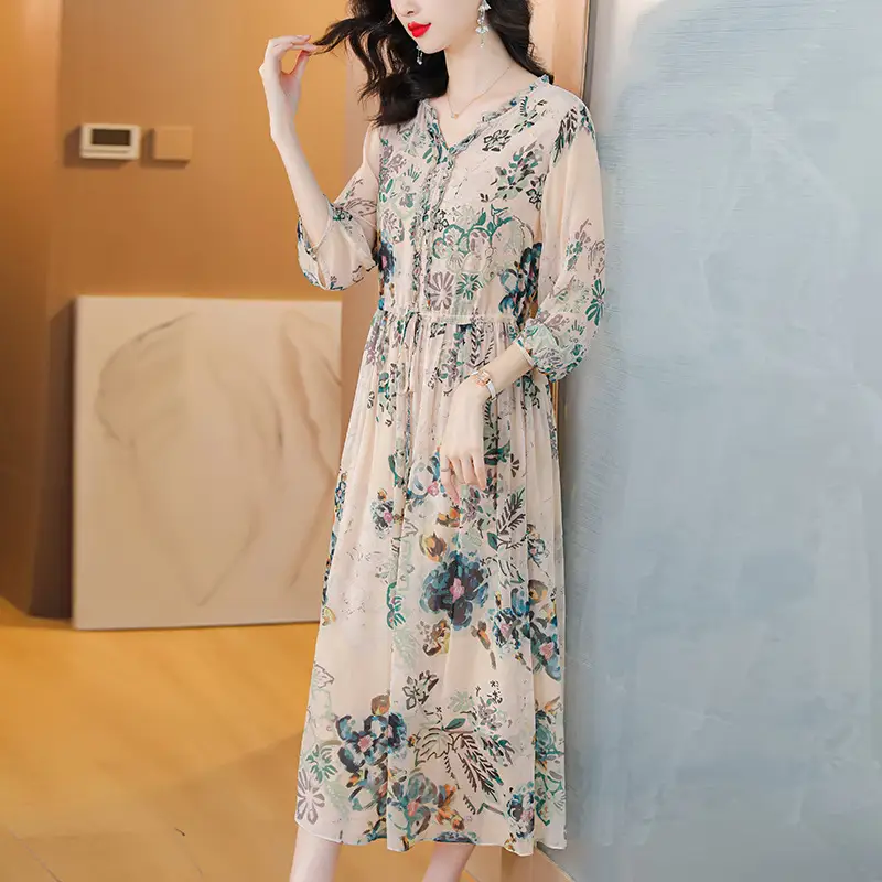 Waist Collar Slimming High-end Exquisite Floral Skirt Mulberry Silk Long Dress