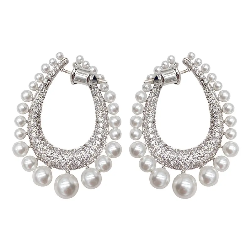 Full Diamond Row Of Pearl Drop Earrings
