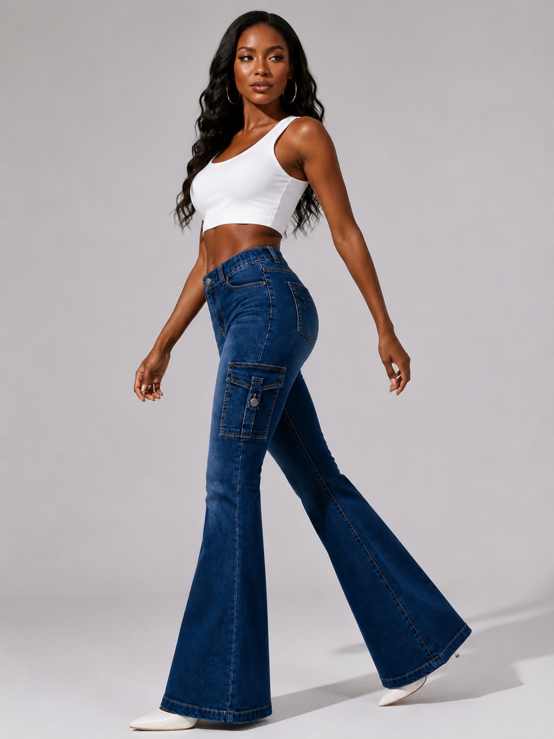 Women's High-quality Stretch Vintage Washed Cargo Flare Jeans, Y2K Style, Casual And Versatile, Suitable For All Seasons — foto 5