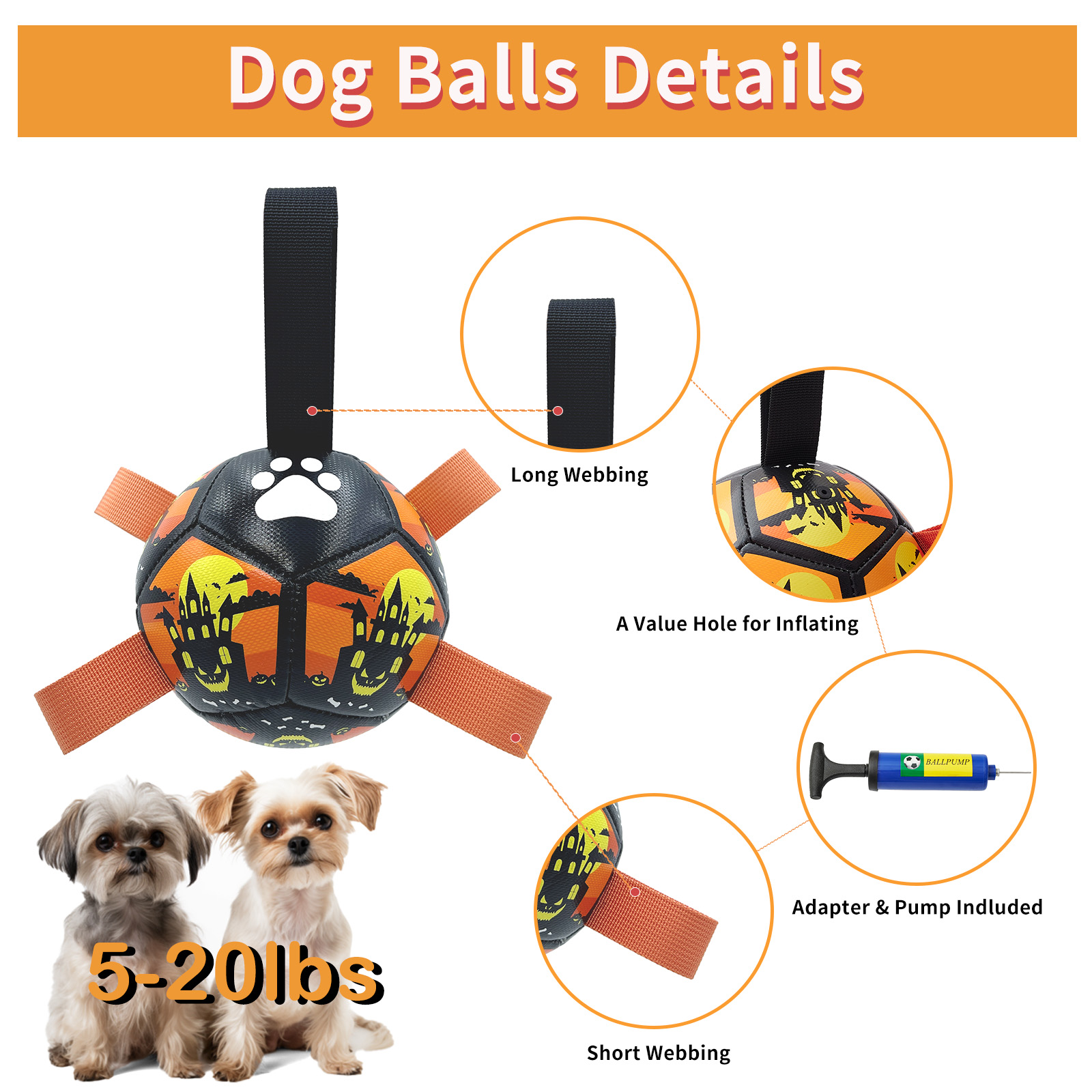 Interactive Dog Soccer Ball with Straps, Small Dog Toy. Active Play Design:  Experience dynamic play with our Dog Football Toy, featuring nylon tabs for an erratic bounce, perfect for fetching, tossing, and interactive training sessions. Versatile Water P