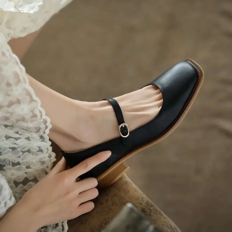 Thick-heeled Women's Singles Shoes with Mid-heel Comfortable Square Toe
