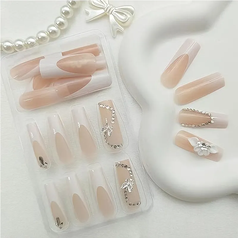 White Flower Diamond Butterfly Nail Art, Long