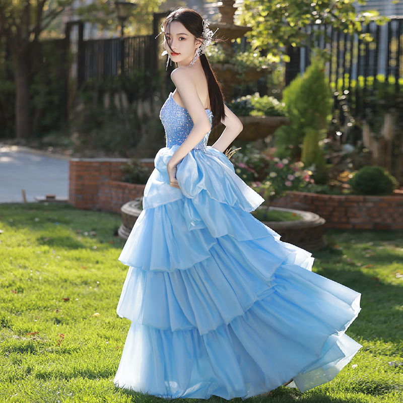 Women's Blue Halter Wedding Gown Birthday Host