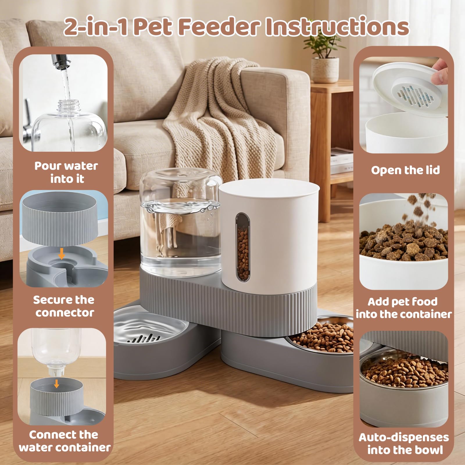 Gravity Cat Feeder 2 Pack Automatic Food Feeder And Water Dispenser Set Detachable Pet Bowl With Silicone Mat For Cats Small Medium Dogs, Large Capacity — foto 8