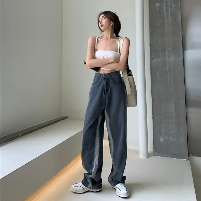 Gray Gradient High rise Denim Loose Wide leg Pants Black Grey - Shop at LoveMi