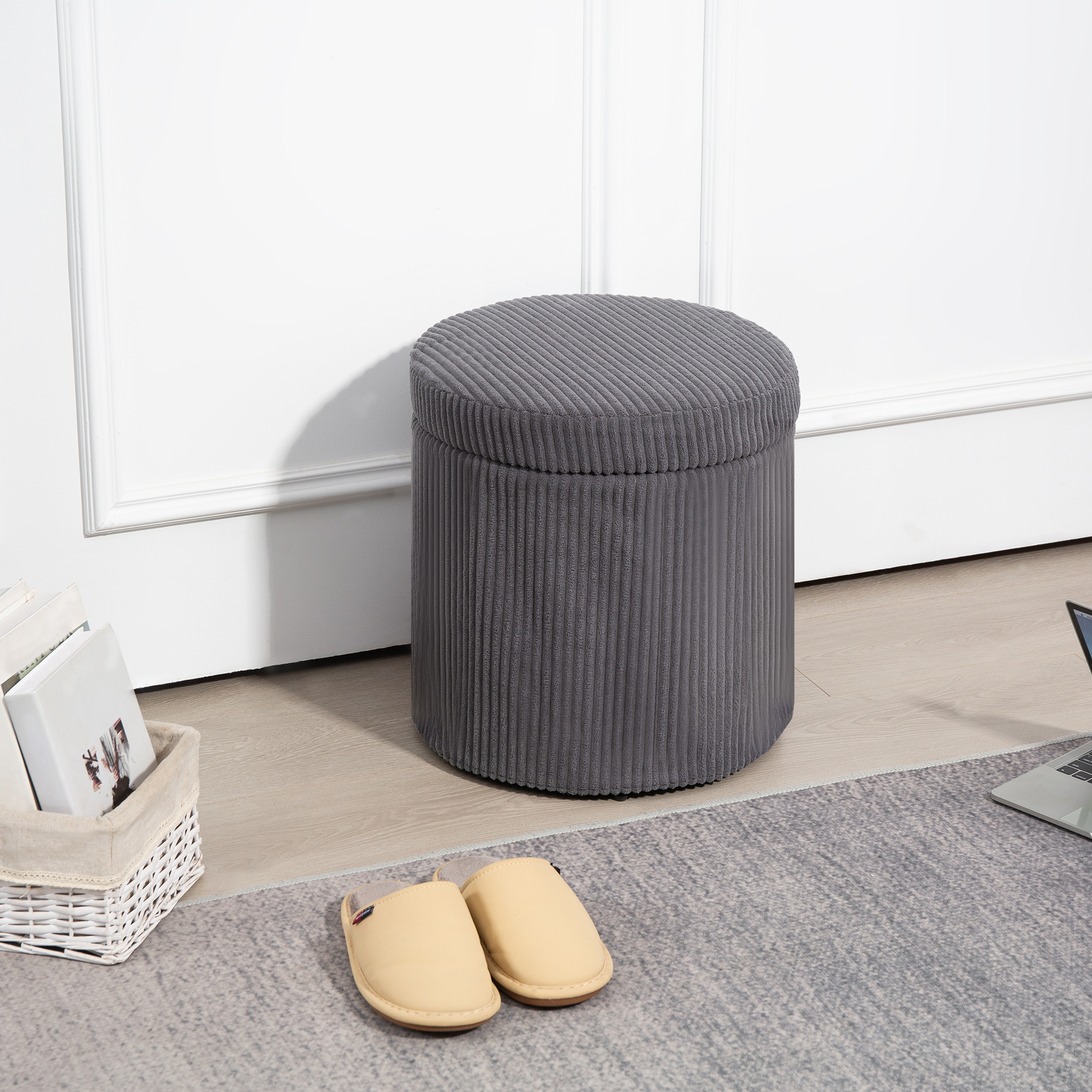 40cm Round Storage Footstool, Made Of Corduroy Material, With Detachable Lid — image 5
