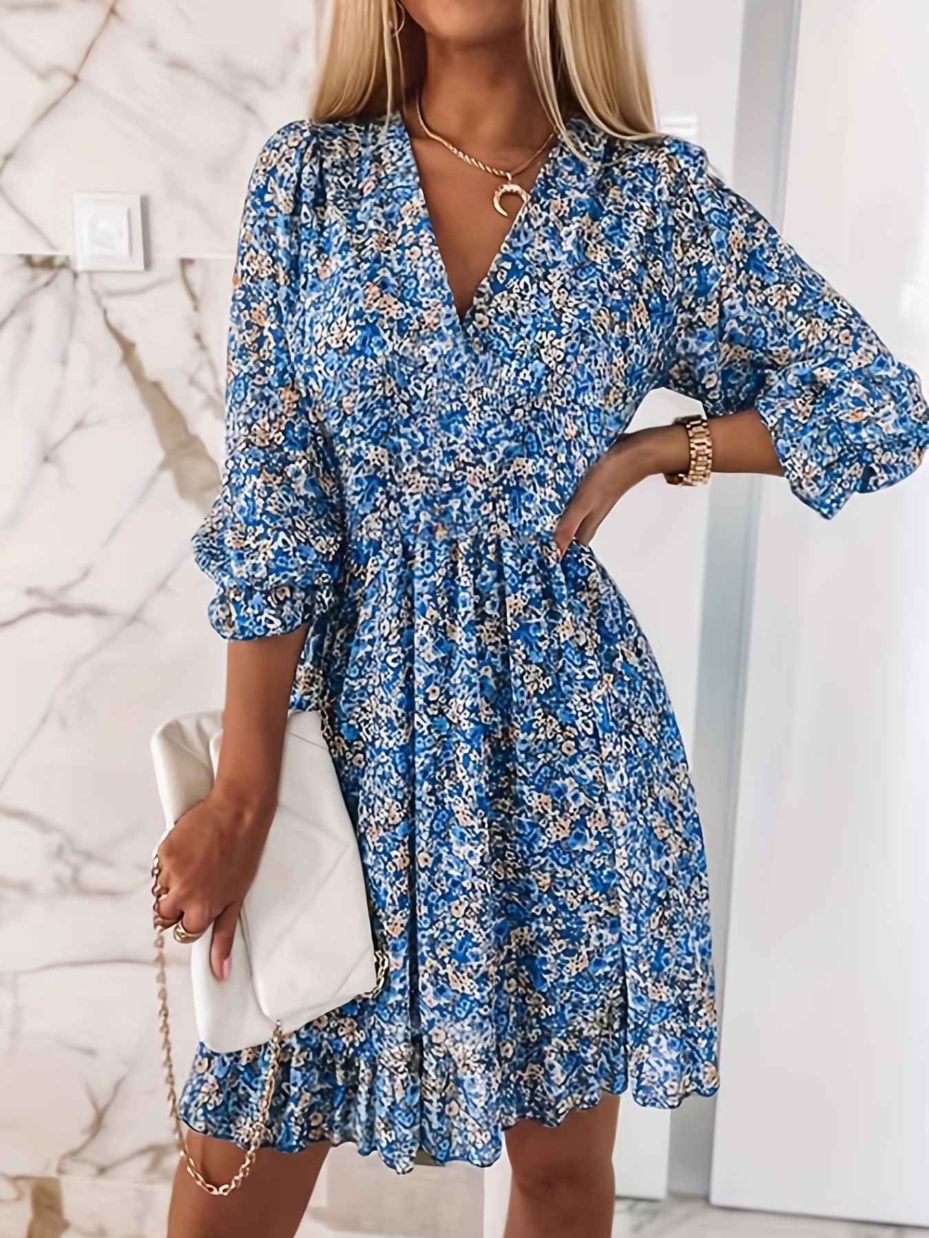 V-neck Printed Dress With Ruffled Sleeves And Waist-exquisite And Elegant Design - Picture 11 of 11