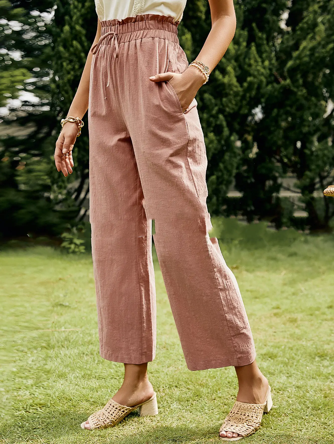 Loose High Waist Horizontal Striped Literary Belted Pants