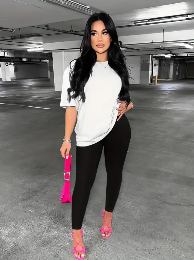 Women's Alphabet Printed Round Neck T Shirt And Leggings Set White - Shop at LoveMi
