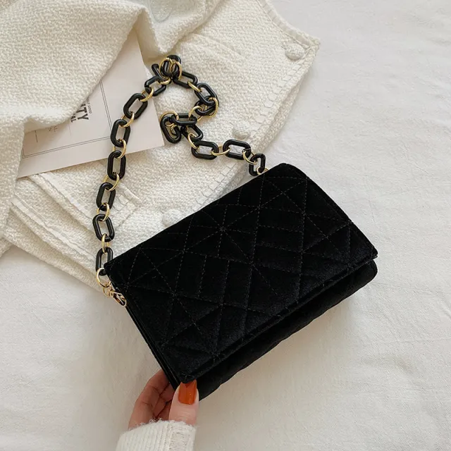 Trendy Net Red Women's Chain Messenger Bag Trendy Shoulder Velvet Black - Shop at LoveMi