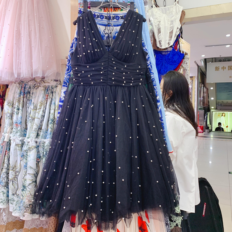 Women's Pearl Mesh Puffy V-neck Dress